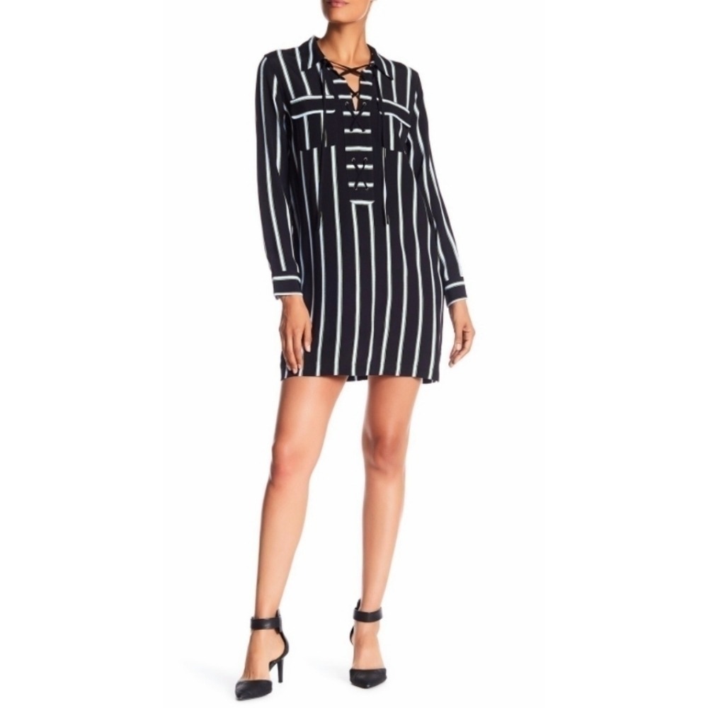 NWT 1. STATE Womens Striped Lace Up Front Long‎ Sleeve Shirt Dress Black Blue XS